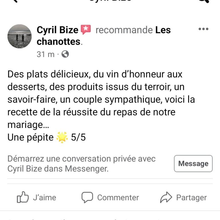 Des plats délicieux, du vin d'honneur aux desserts, des produits issus du terroir, un savoir-faire, un couple sympathique, voici la recette de la réussite du repas de notre mariage...une pépite 5/5