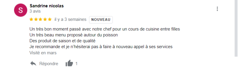 Un très bon moment passé avec notre chef pour un cours de cuisine entre filles, un très beau menu proposé autour du poisson. Des produits de saison et de qualité. Je recommande et je n'hésiterai pas à faire à nouveau appel à ses services. 